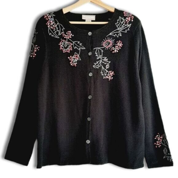 TANJAY / Floral Embroidered Button Down Fine Knit Cardigan Sweater Black Sz M P - Picture 1 of 15